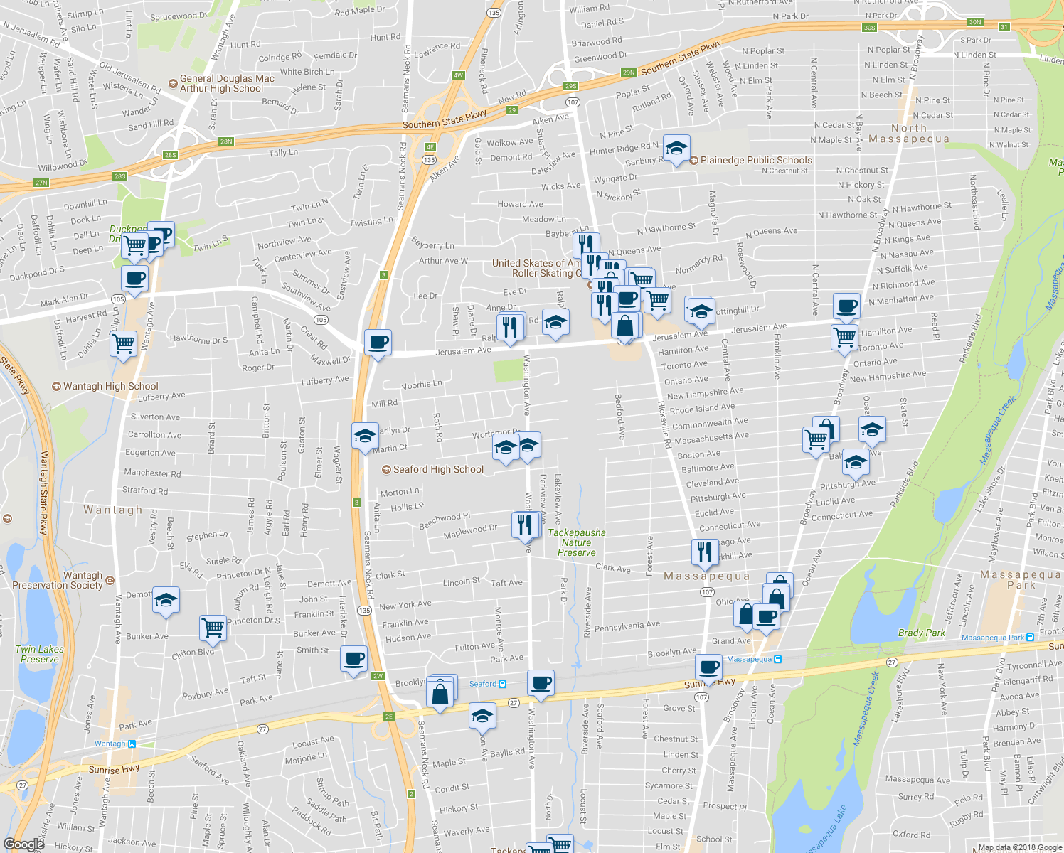 map of restaurants, bars, coffee shops, grocery stores, and more near 1493 Washington Avenue in Seaford