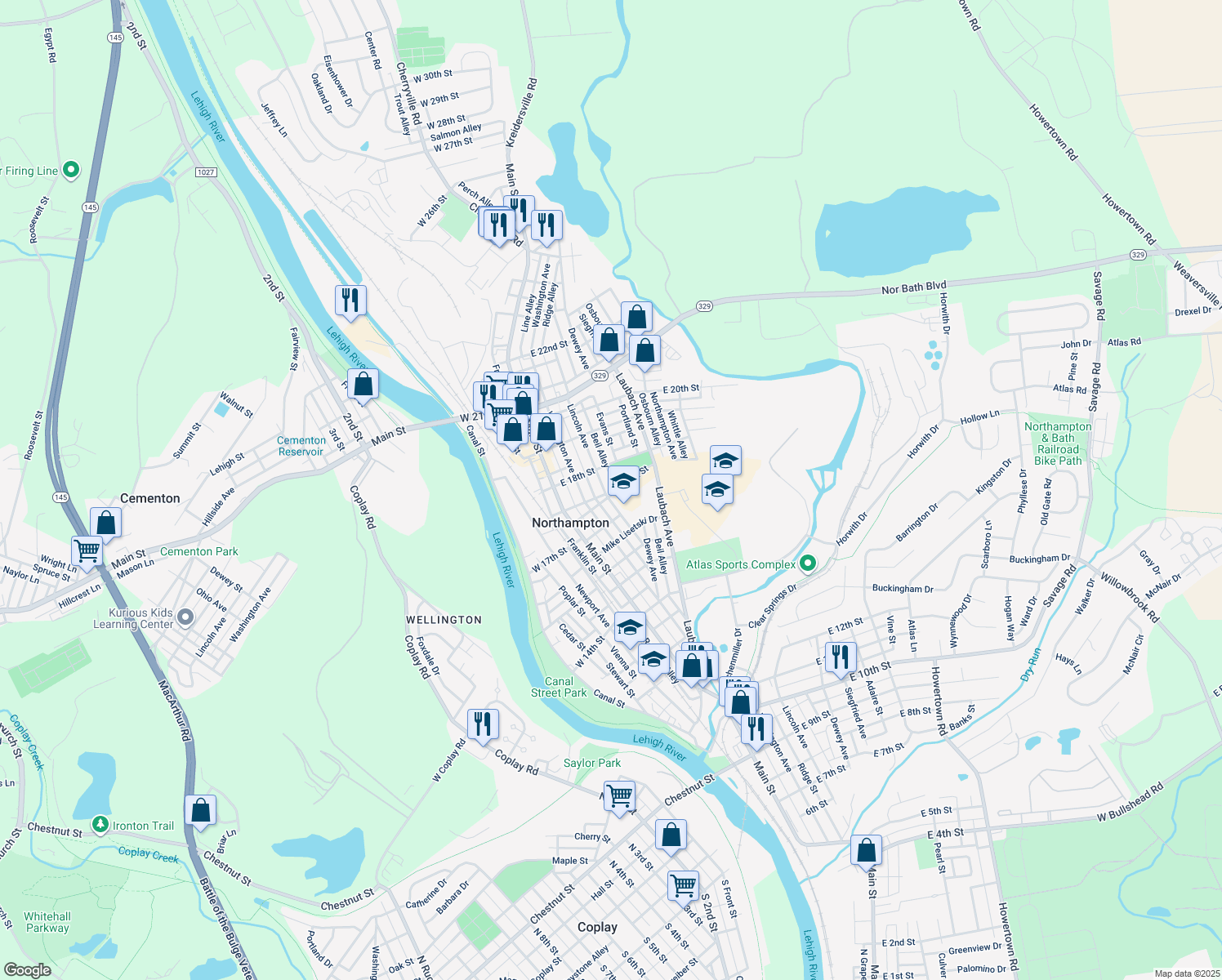 map of restaurants, bars, coffee shops, grocery stores, and more near 1707 Lincoln Avenue in Northampton
