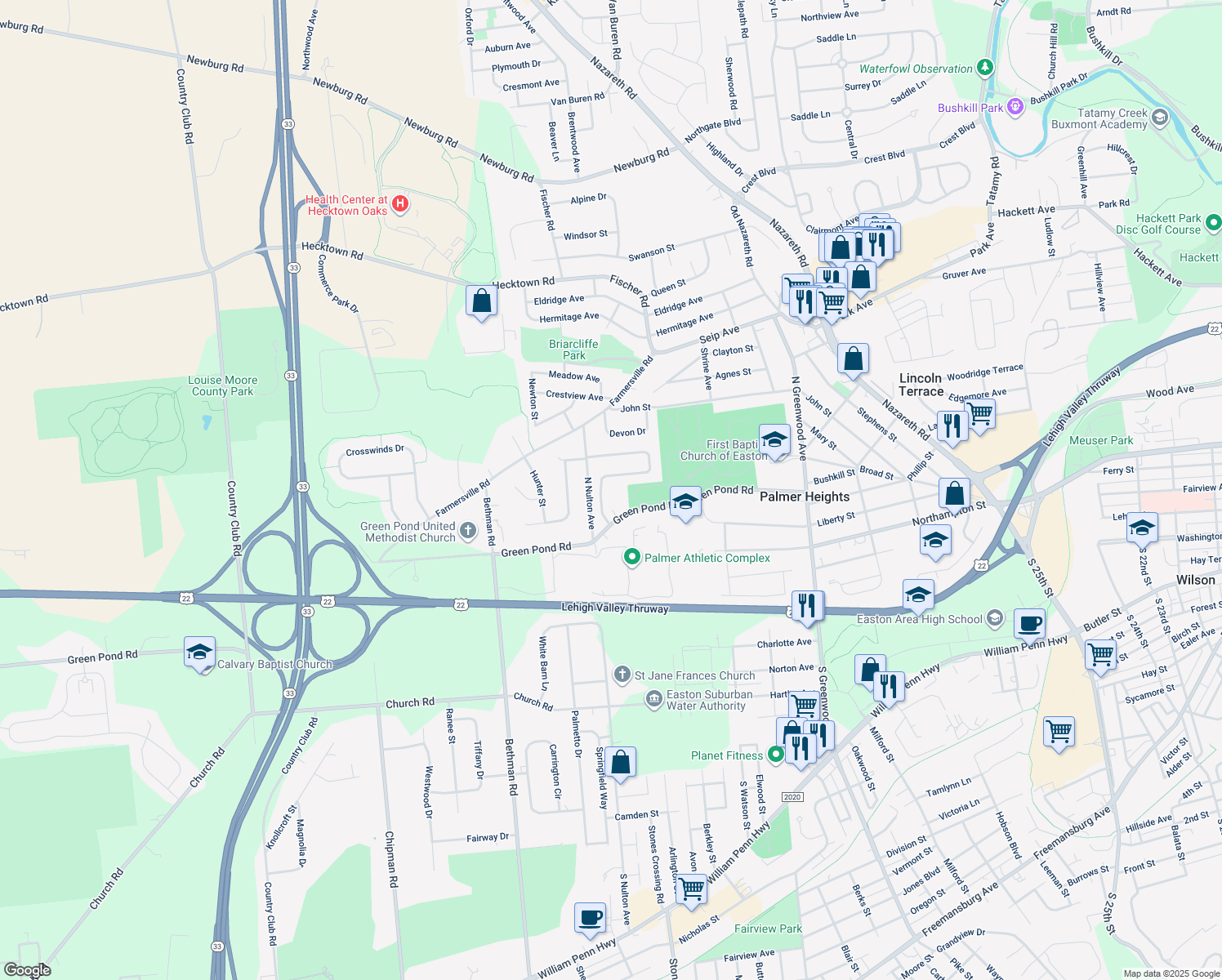 map of restaurants, bars, coffee shops, grocery stores, and more near 12 Ridgewood Rd in Easton