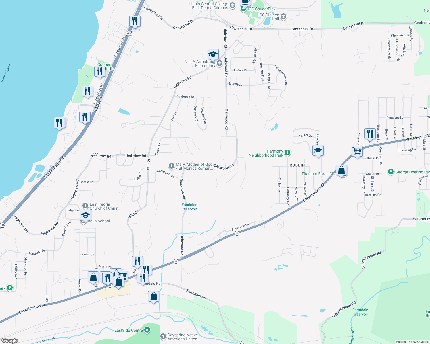 map of restaurants, bars, coffee shops, grocery stores, and more near 405 Avondale Drive in East Peoria