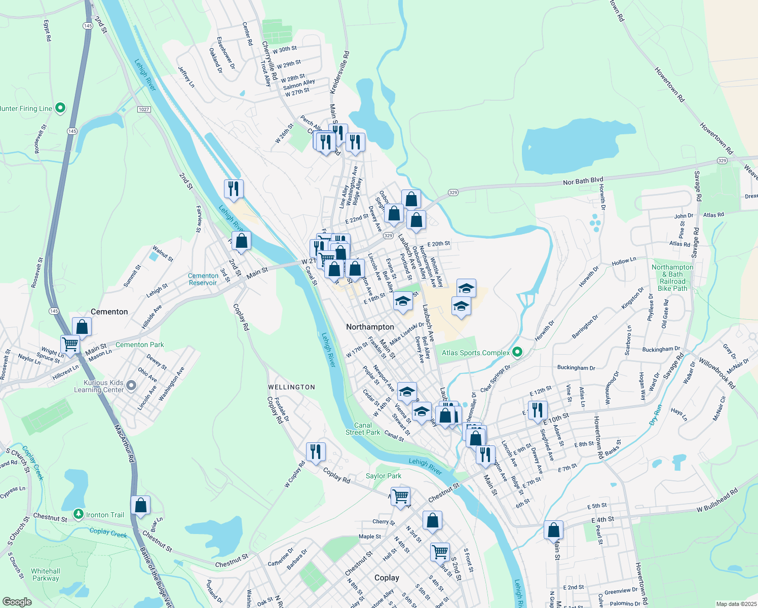 map of restaurants, bars, coffee shops, grocery stores, and more near 1745 Washington Avenue in Northampton