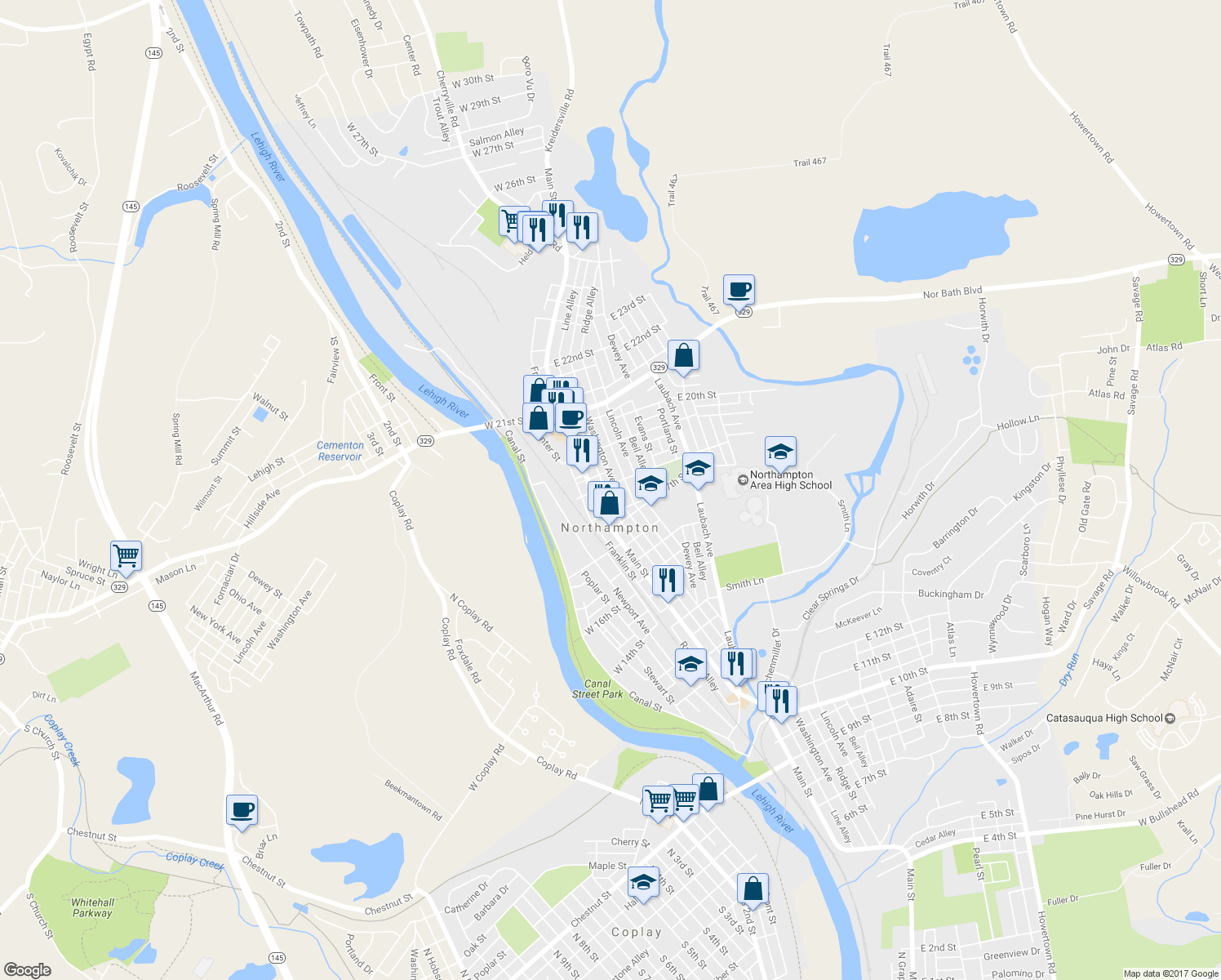 map of restaurants, bars, coffee shops, grocery stores, and more near 1754 Washington Avenue in Northampton