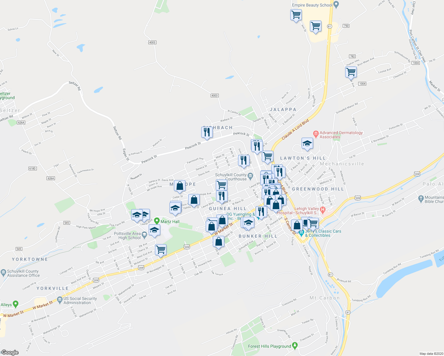 map of restaurants, bars, coffee shops, grocery stores, and more near 618 Harrison Street in Pottsville