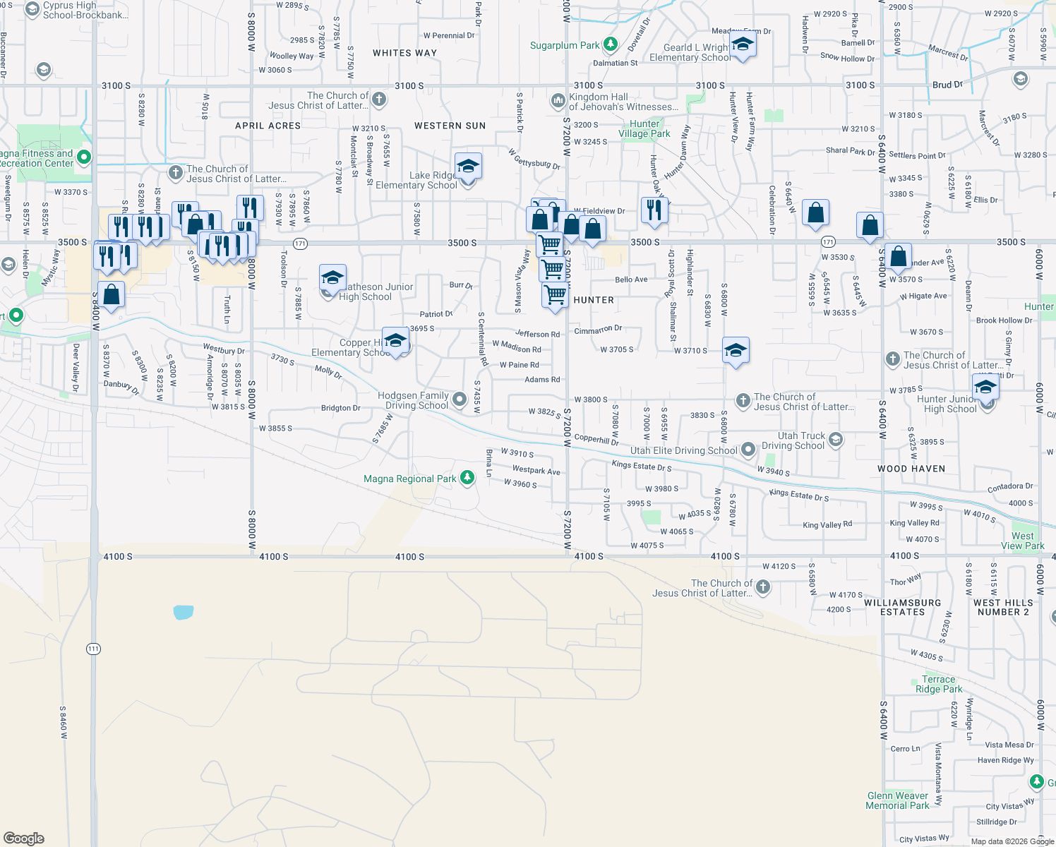 map of restaurants, bars, coffee shops, grocery stores, and more near 3847 Westgate Circle in Magna