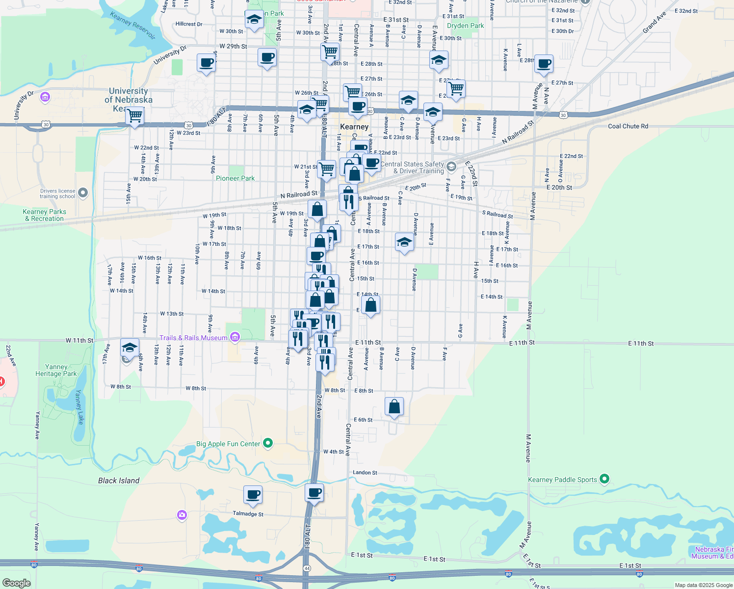 map of restaurants, bars, coffee shops, grocery stores, and more near 1398 Ave A in Kearney