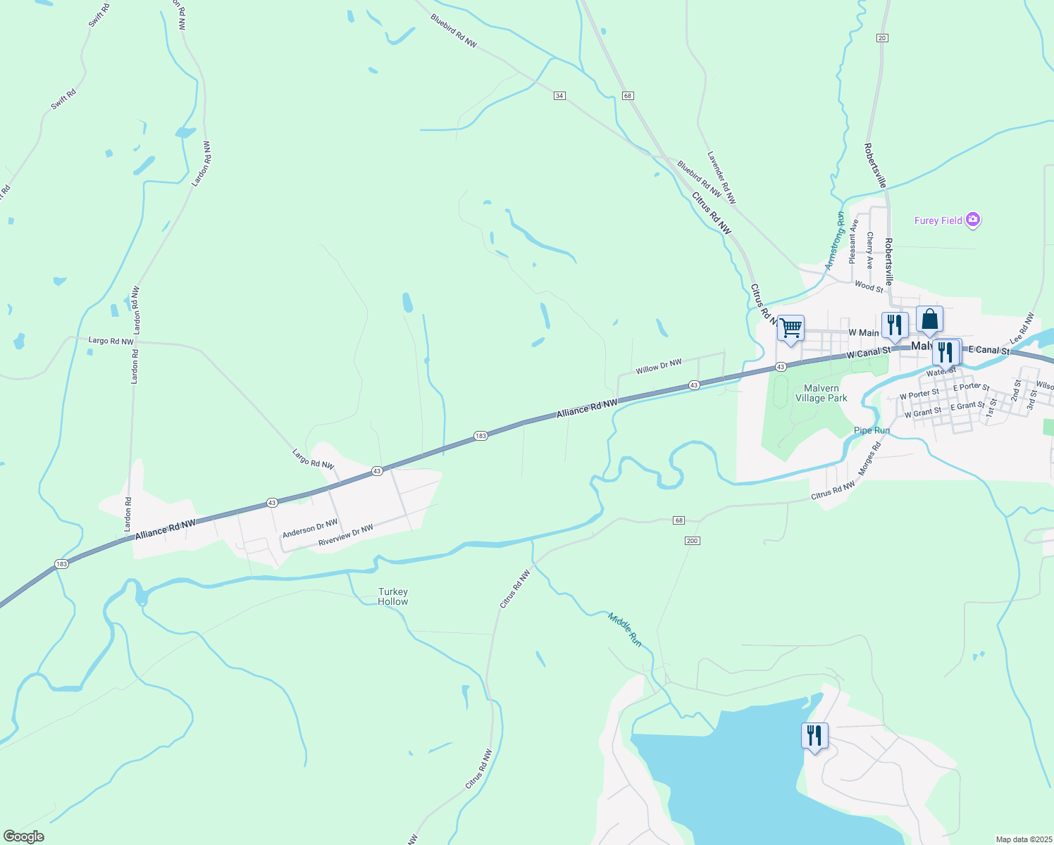 map of restaurants, bars, coffee shops, grocery stores, and more near 6870 Alliance Road Northwest in Malvern