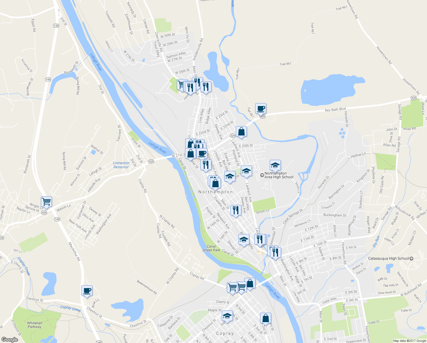 map of restaurants, bars, coffee shops, grocery stores, and more near 1826 Washington Avenue in Northampton