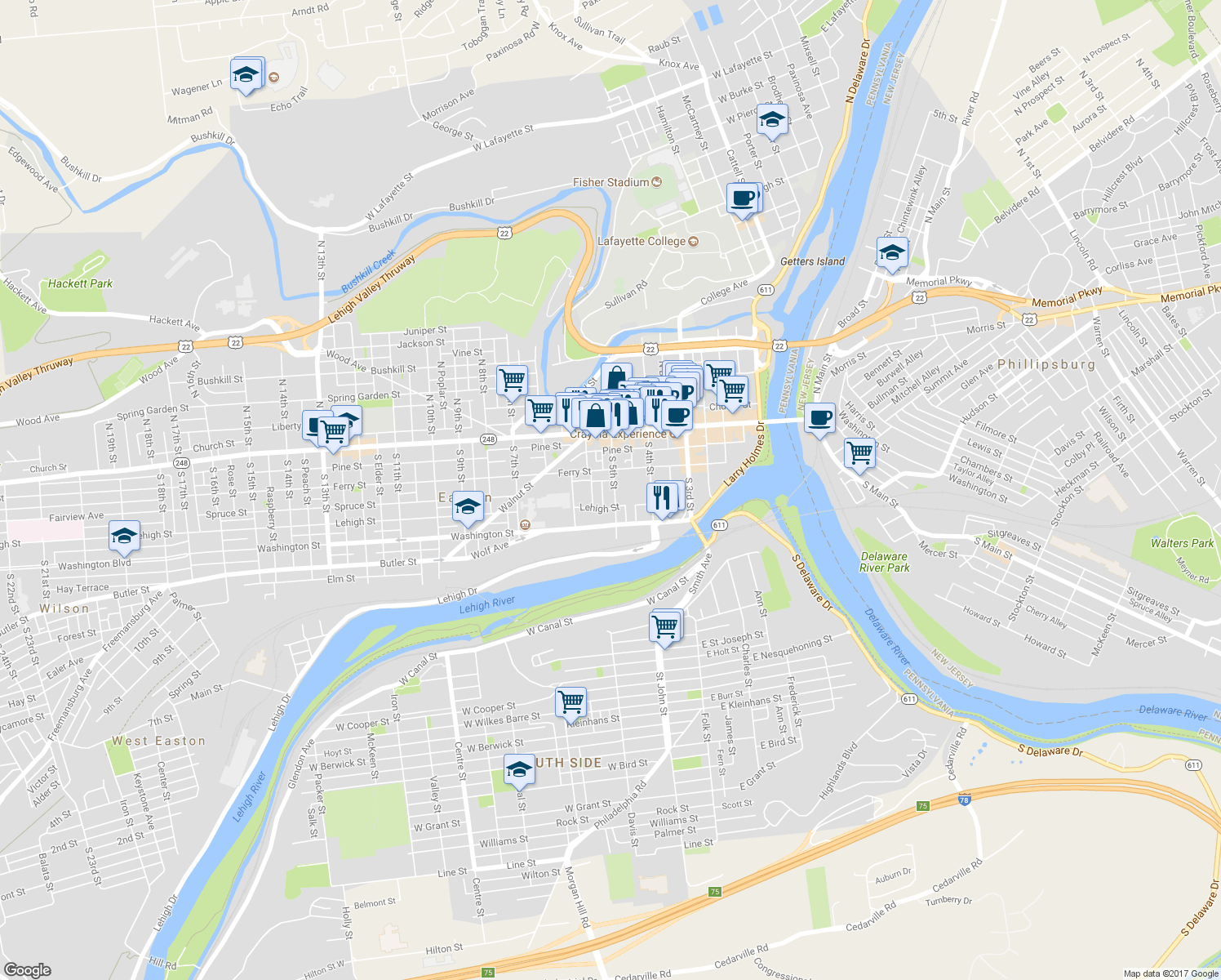 map of restaurants, bars, coffee shops, grocery stores, and more near 135 South 5th Street in Easton