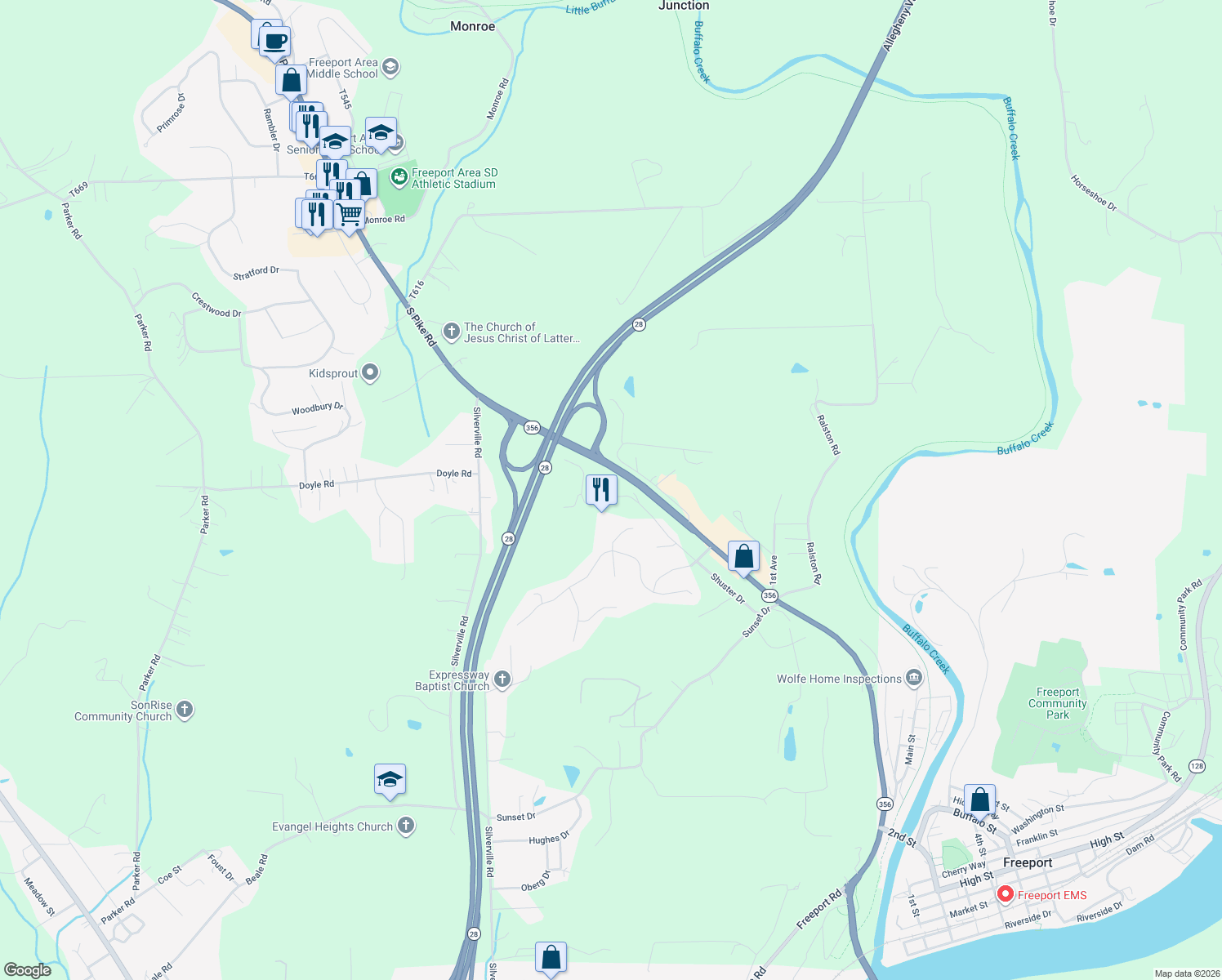 map of restaurants, bars, coffee shops, grocery stores, and more near 392 Shuster Dr in Freeport