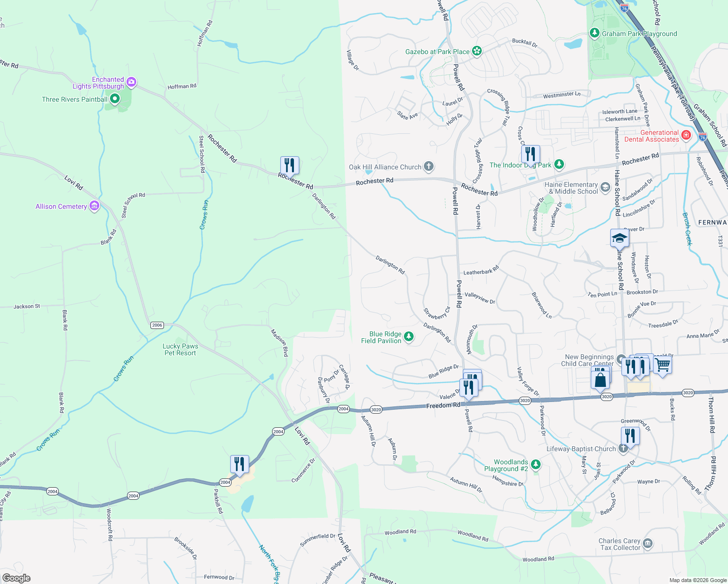map of restaurants, bars, coffee shops, grocery stores, and more near 204 Brookside Drive in Cranberry Township