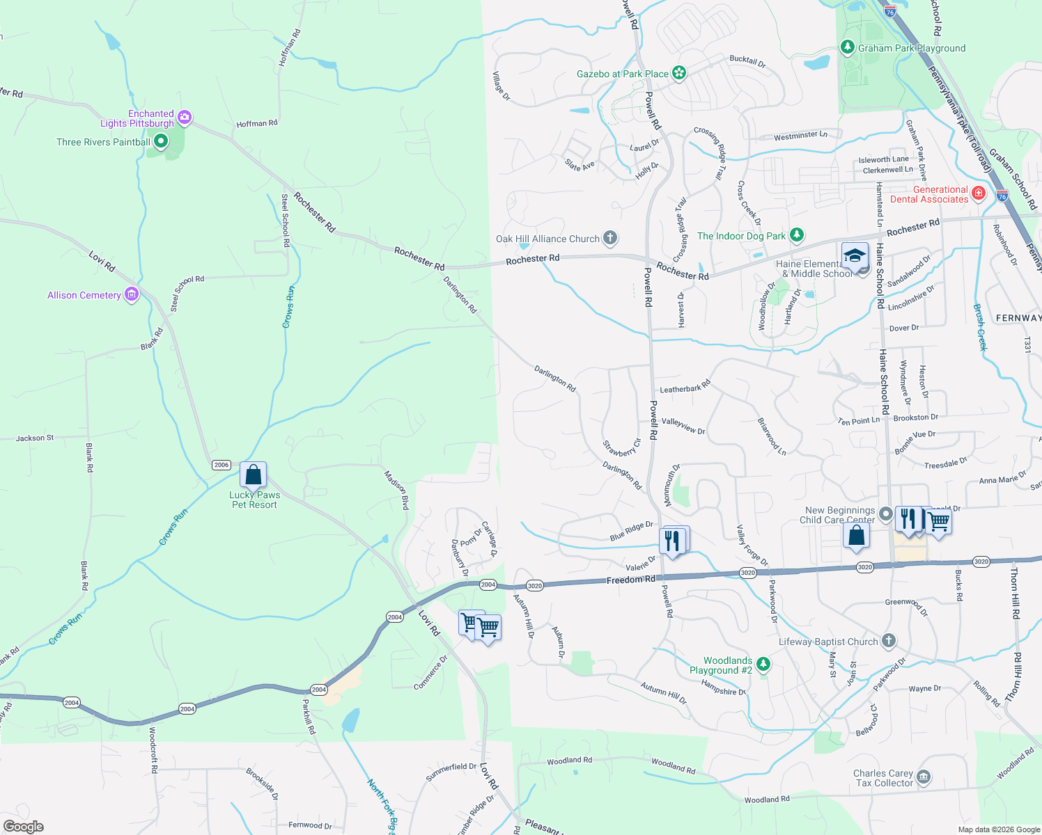 map of restaurants, bars, coffee shops, grocery stores, and more near 204 Brookside Drive in Cranberry Township