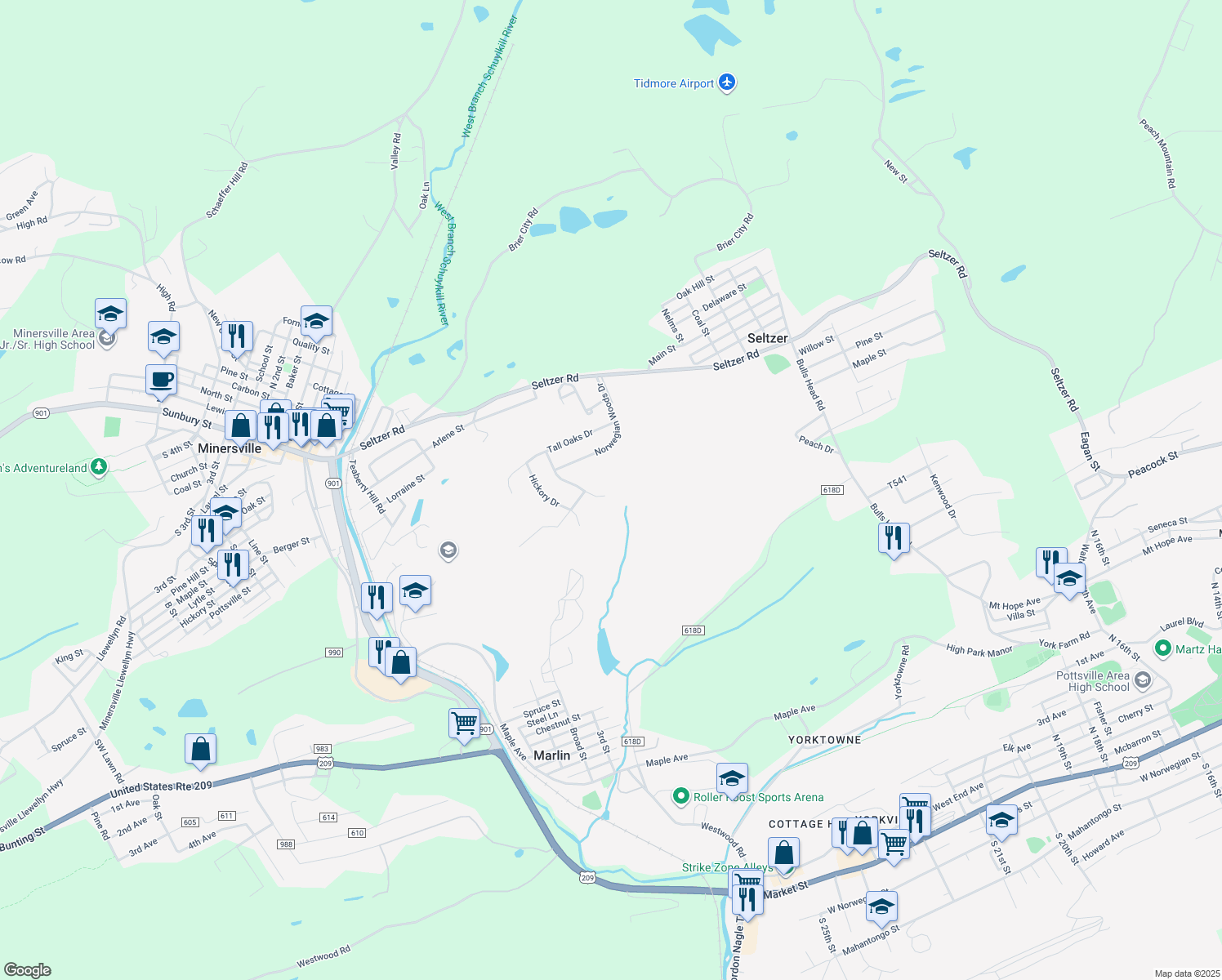 map of restaurants, bars, coffee shops, grocery stores, and more near 125 Evergreen Drive in Pottsville