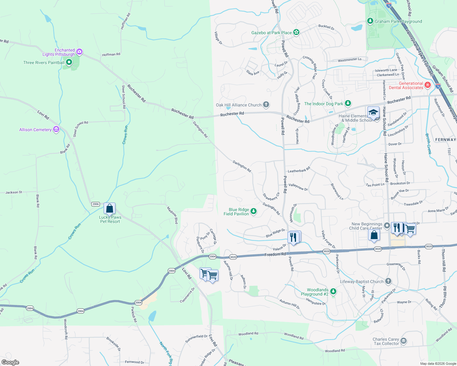 map of restaurants, bars, coffee shops, grocery stores, and more near 204 Brookside Drive in Cranberry Township