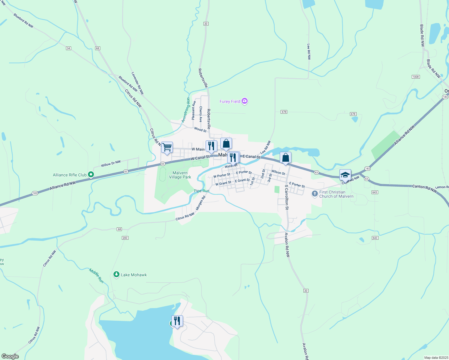 map of restaurants, bars, coffee shops, grocery stores, and more near 117 South Canton Street in Malvern