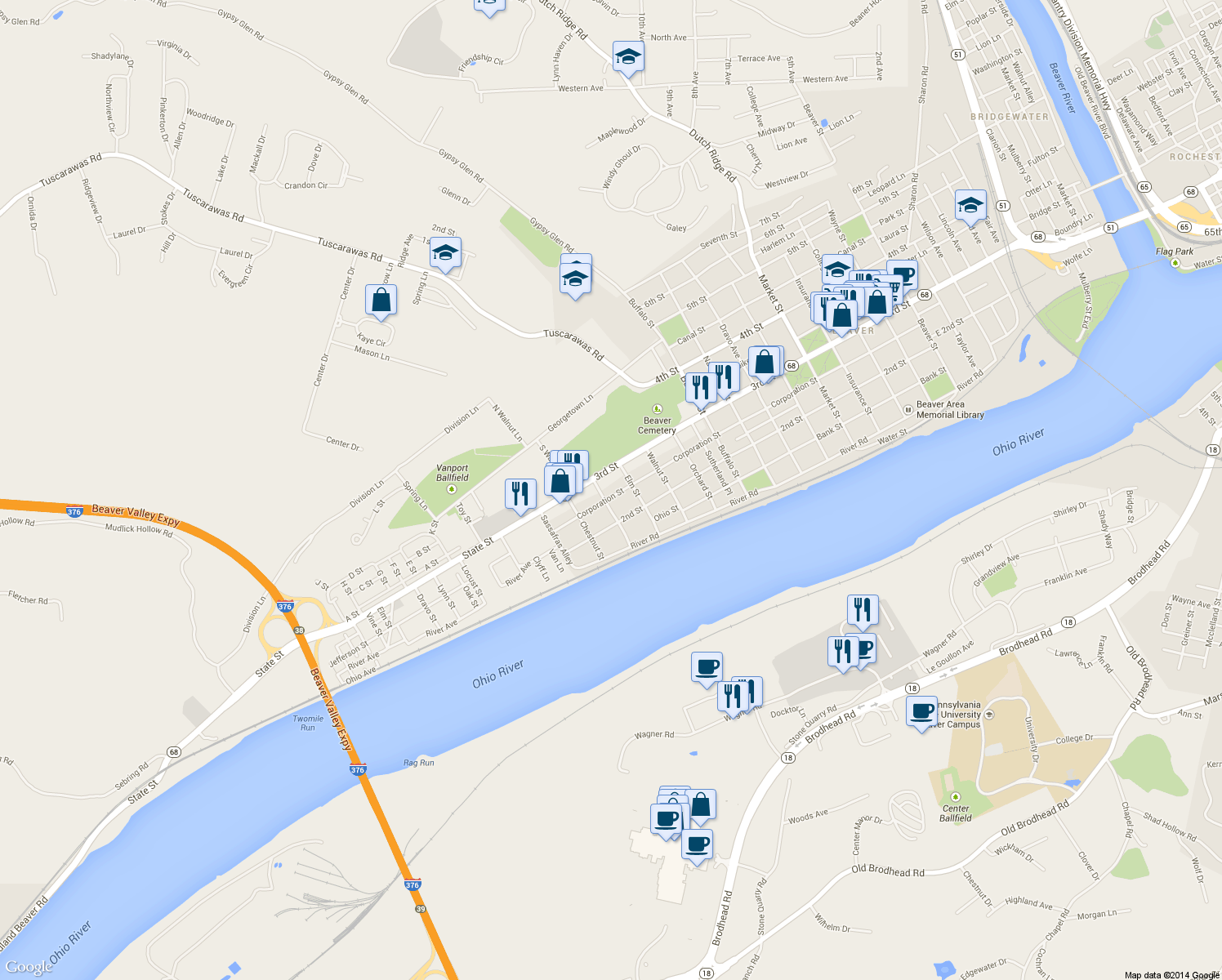 map of restaurants, bars, coffee shops, grocery stores, and more near 1540 Corporation Street in Beaver