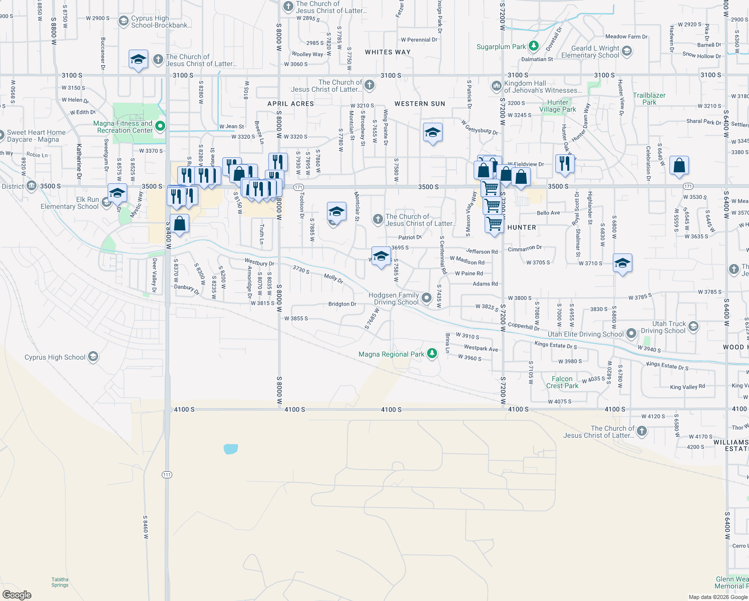 map of restaurants, bars, coffee shops, grocery stores, and more near 7664 Bridgton Dr in Magna