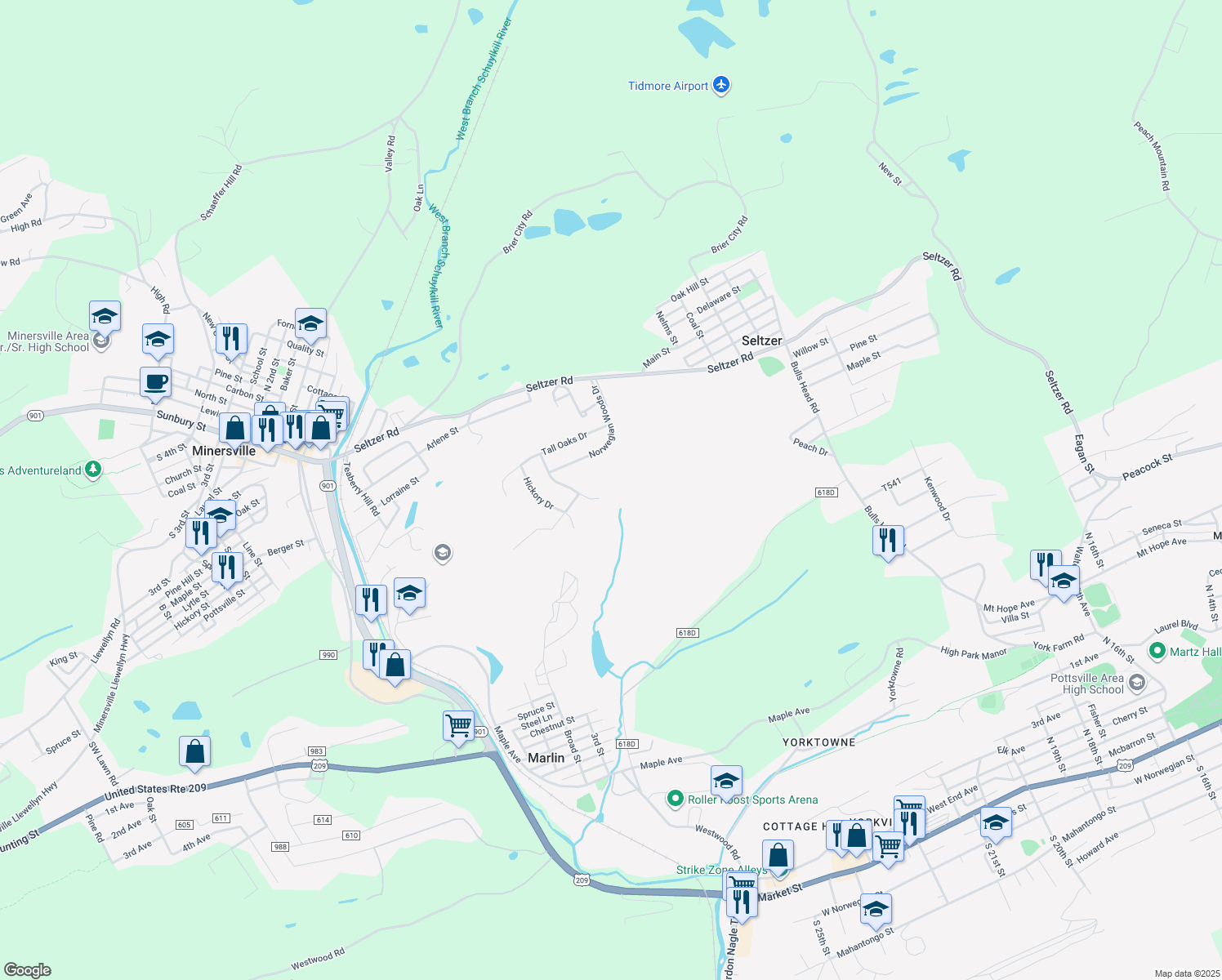 map of restaurants, bars, coffee shops, grocery stores, and more near 125 Evergreen Drive in Pottsville