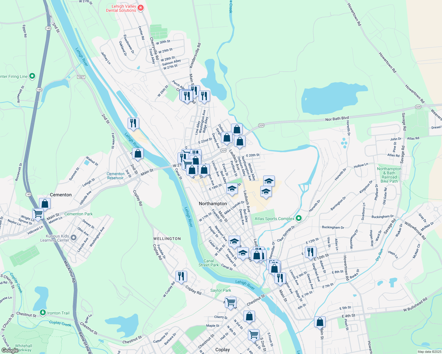 map of restaurants, bars, coffee shops, grocery stores, and more near 1837 Lincoln Avenue in Northampton