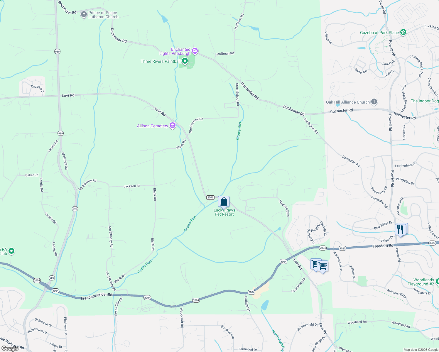 map of restaurants, bars, coffee shops, grocery stores, and more near 2200 Lovi Road in Freedom
