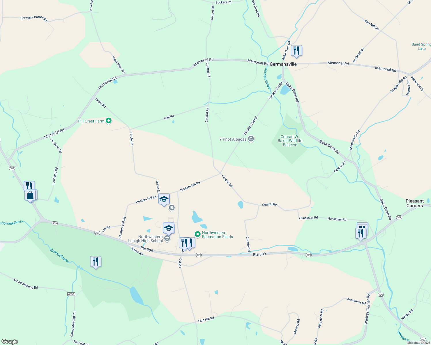 map of restaurants, bars, coffee shops, grocery stores, and more near 6509 Hunters Hill Road in New Tripoli