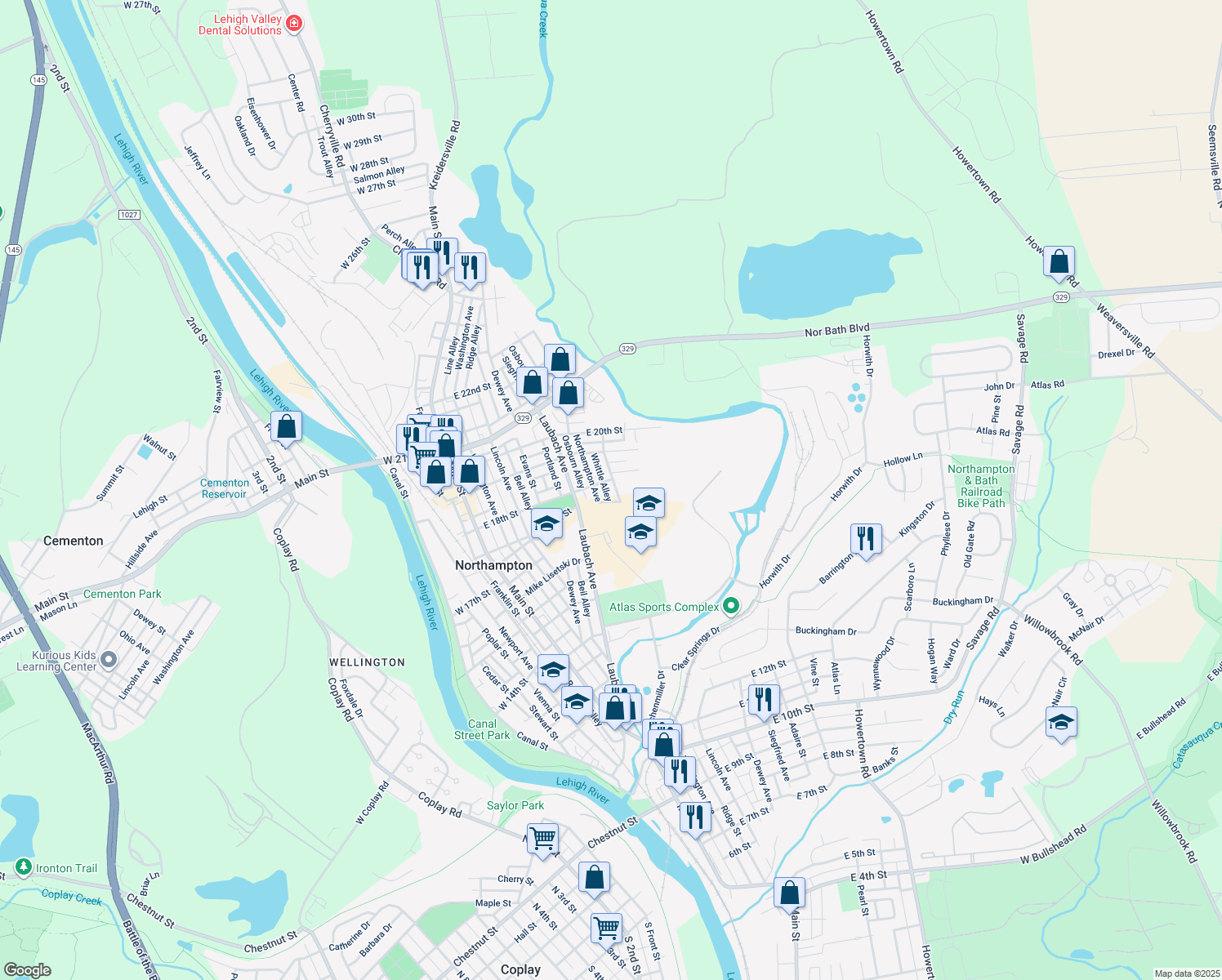 map of restaurants, bars, coffee shops, grocery stores, and more near 1718 Hokendauqua Avenue in Northampton