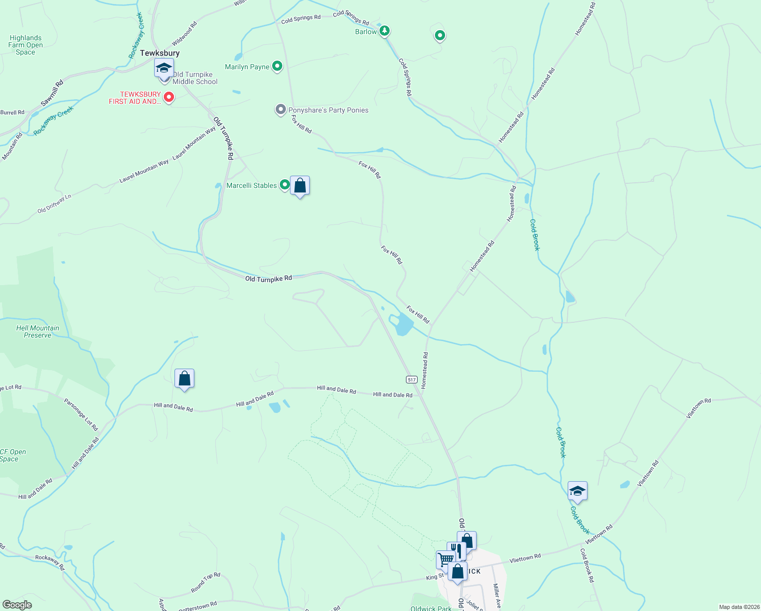 map of restaurants, bars, coffee shops, grocery stores, and more near 110 County Road 517 in Califon