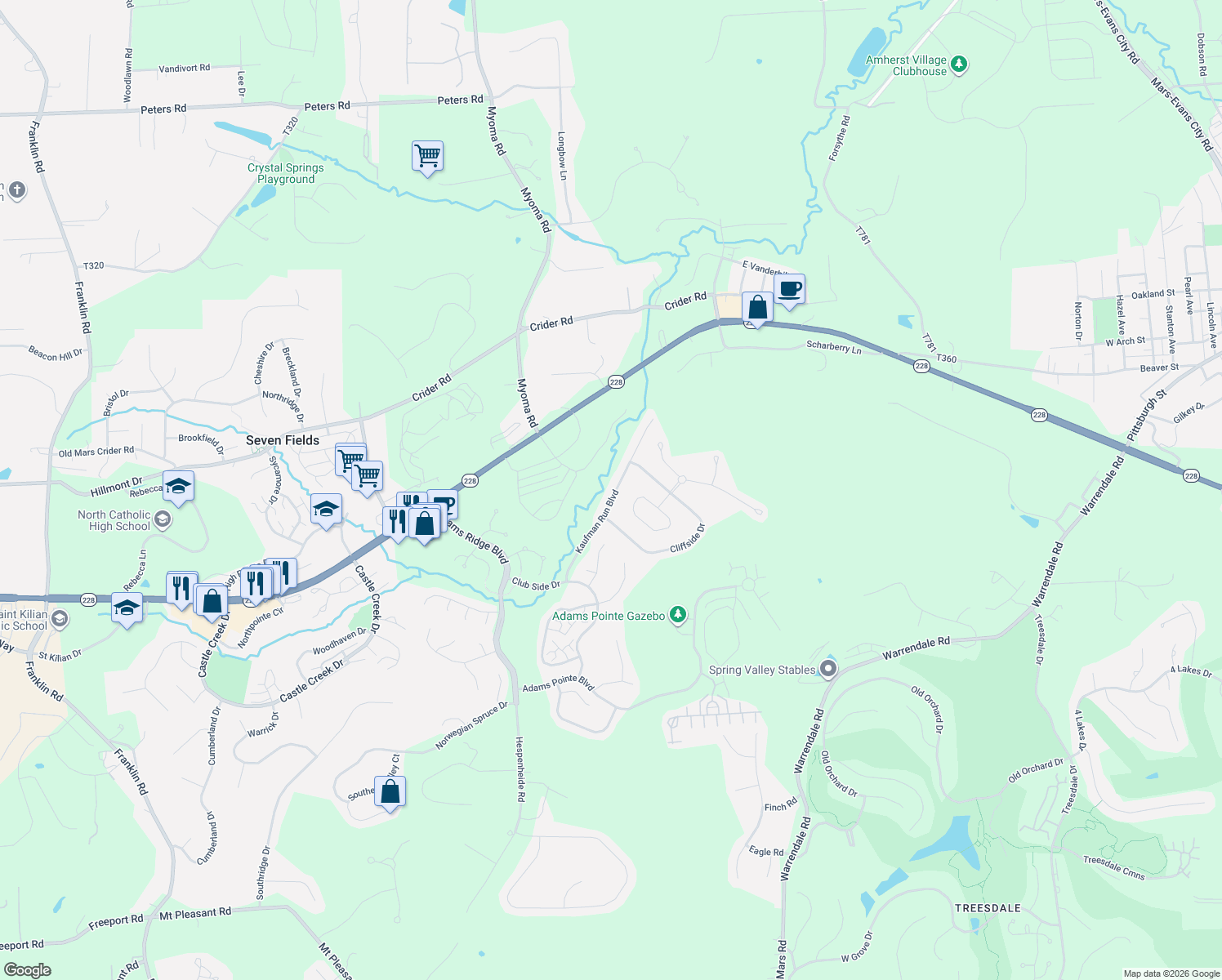 map of restaurants, bars, coffee shops, grocery stores, and more near 112 Kaufman Run Boulevard in Mars