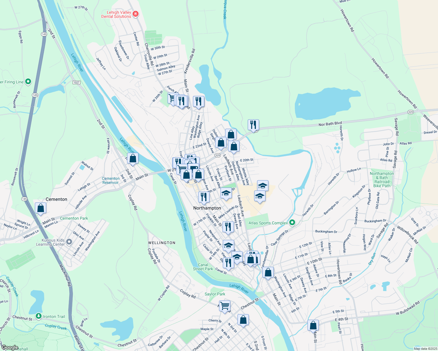 map of restaurants, bars, coffee shops, grocery stores, and more near 236 East 19th Street in Northampton