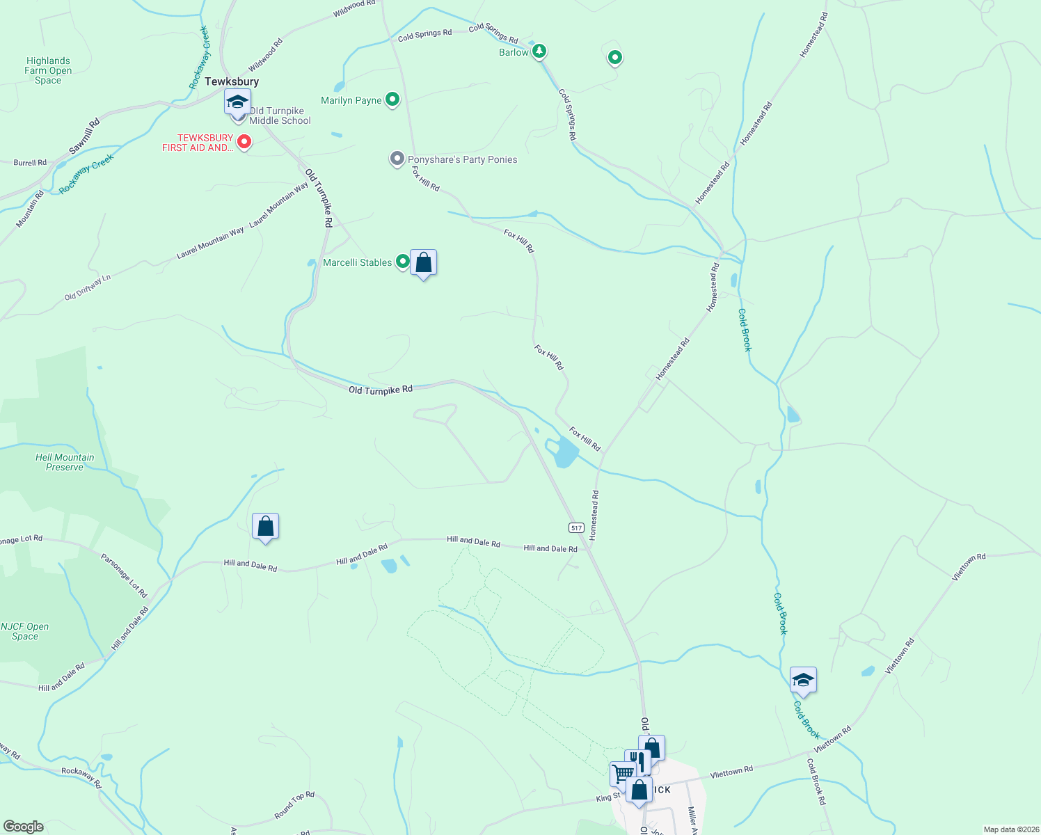 map of restaurants, bars, coffee shops, grocery stores, and more near 110 County Road 517 in Califon