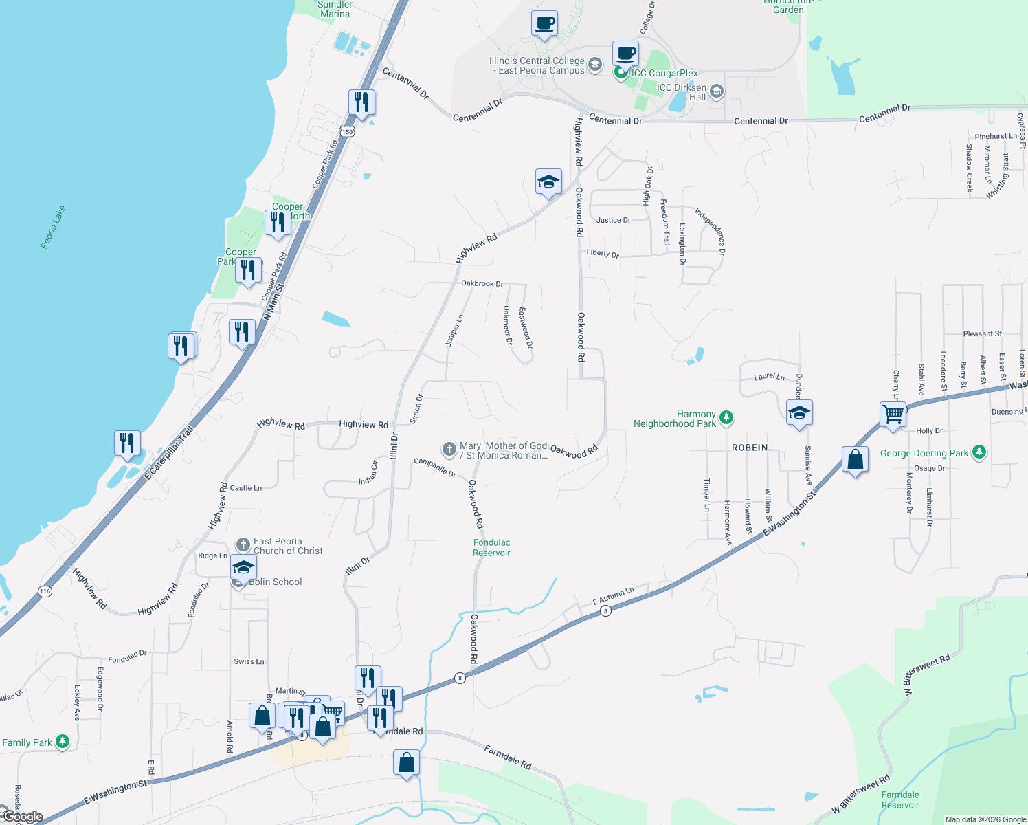 map of restaurants, bars, coffee shops, grocery stores, and more near 629 Simon Drive in East Peoria