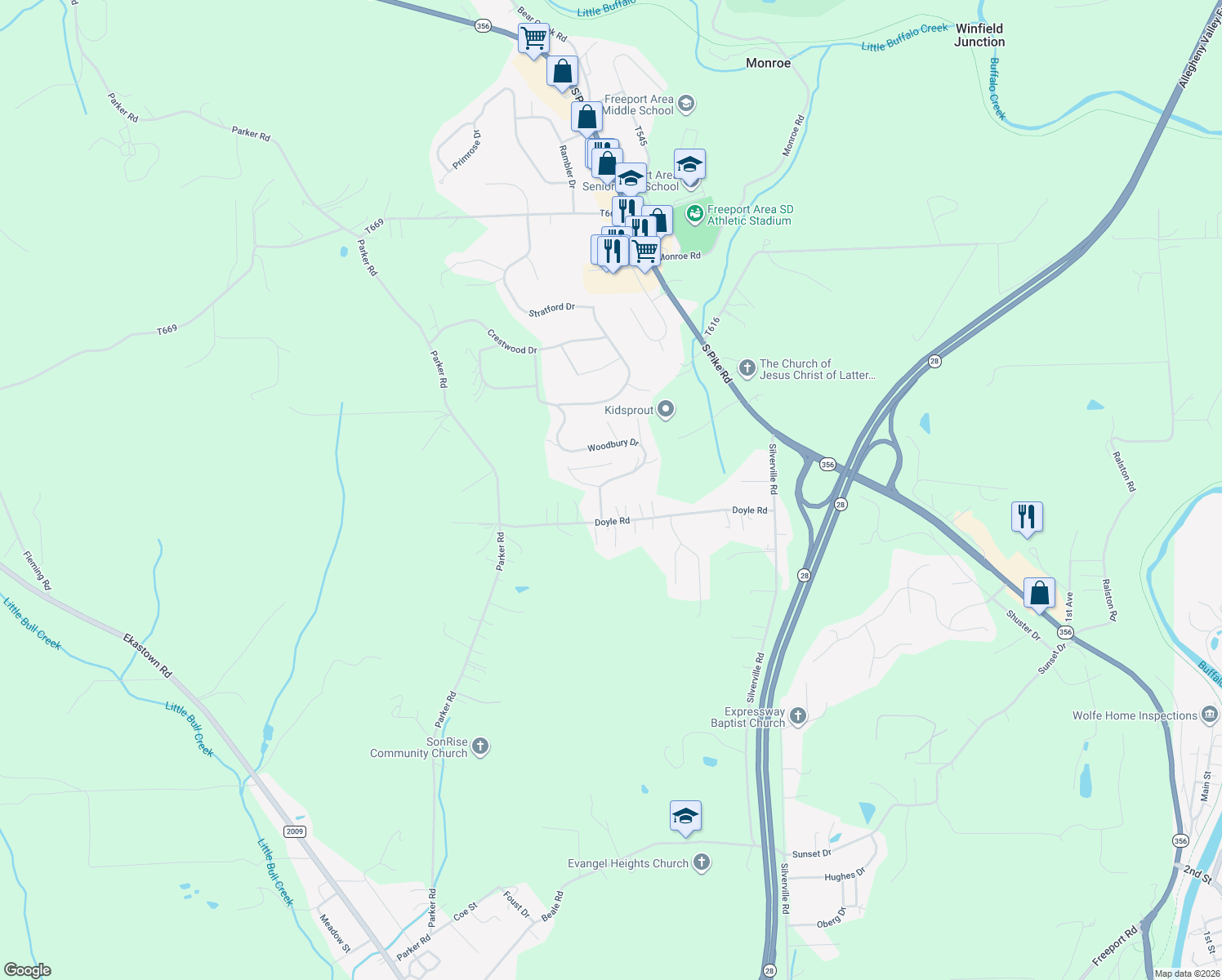 map of restaurants, bars, coffee shops, grocery stores, and more near 107 Woodbury Drive in Sarver