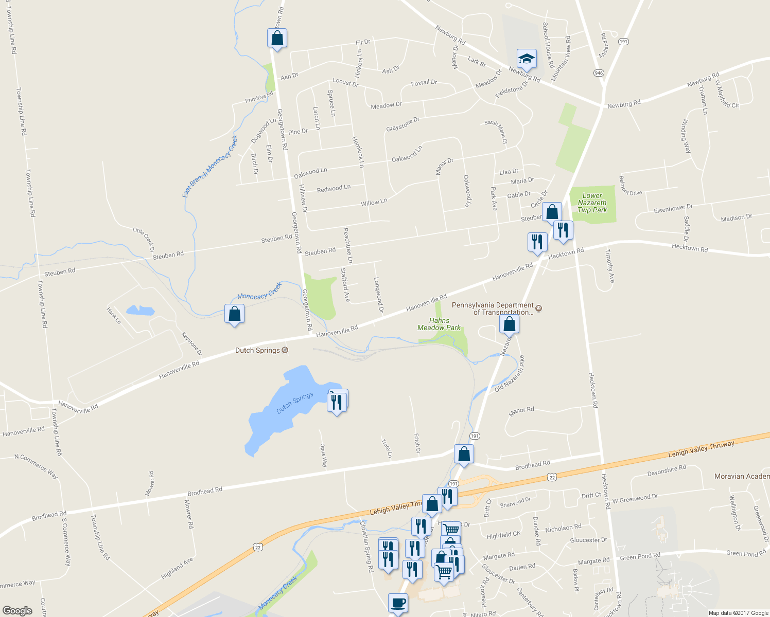 map of restaurants, bars, coffee shops, grocery stores, and more near 234 Longwood Drive in Bethlehem