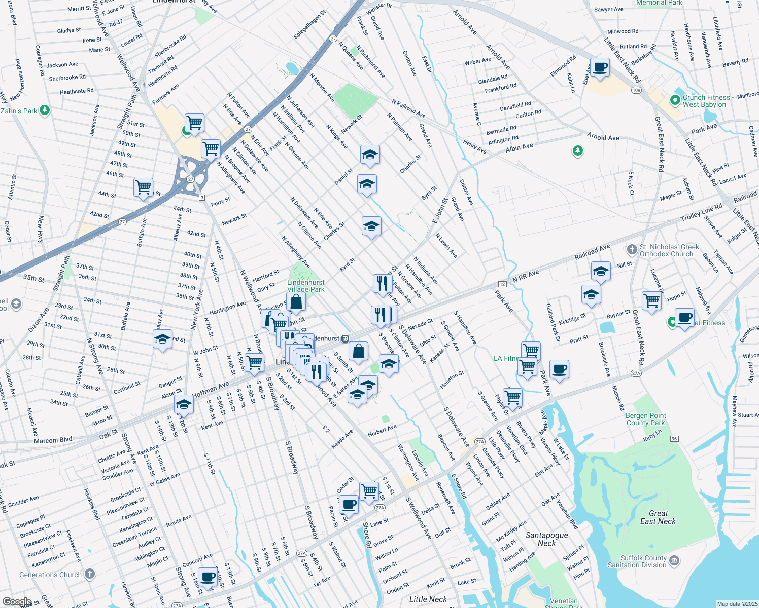 map of restaurants, bars, coffee shops, grocery stores, and more near 145 N Delaware Ave in Lindenhurst