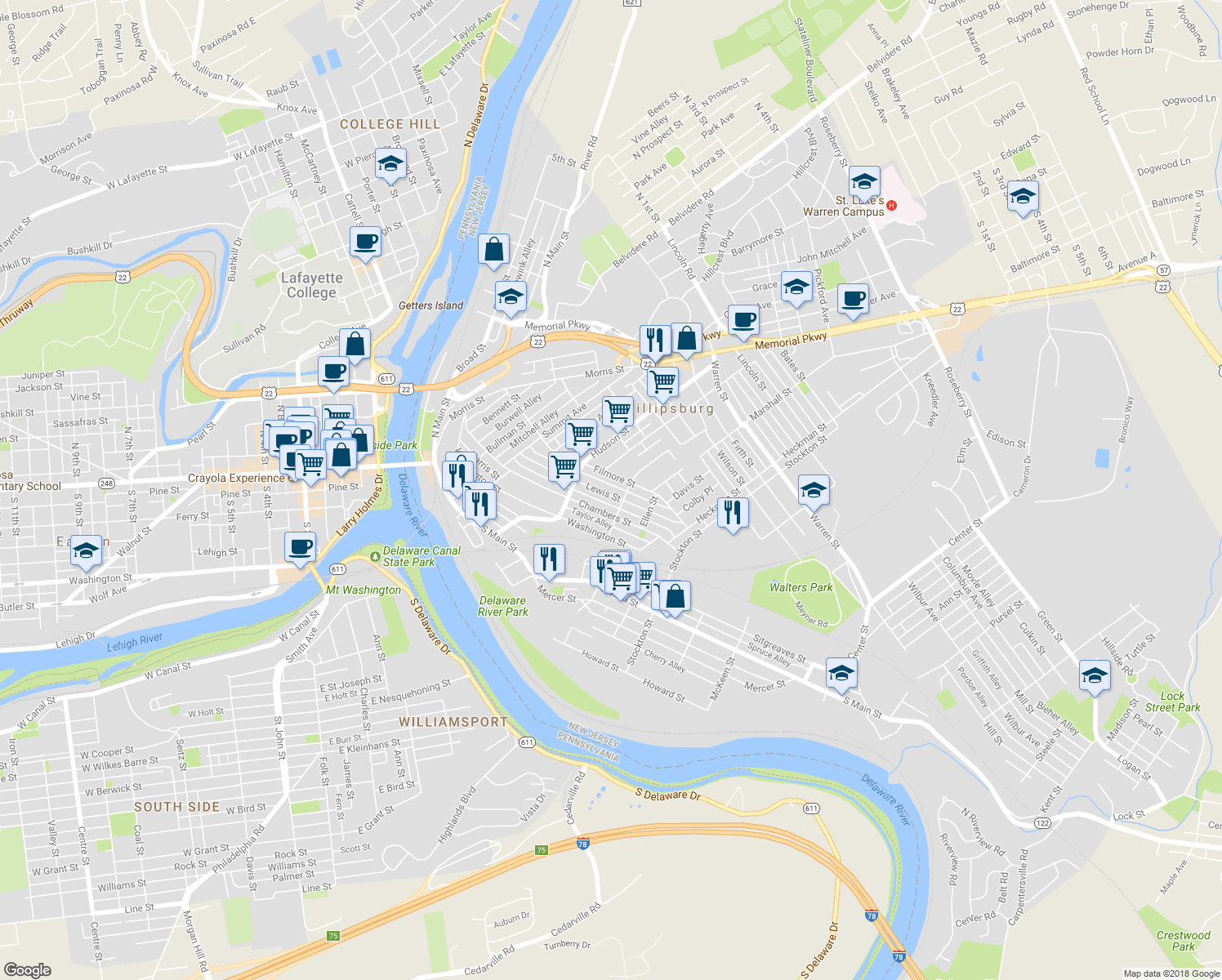 map of restaurants, bars, coffee shops, grocery stores, and more near 135 Lewis Street in Phillipsburg