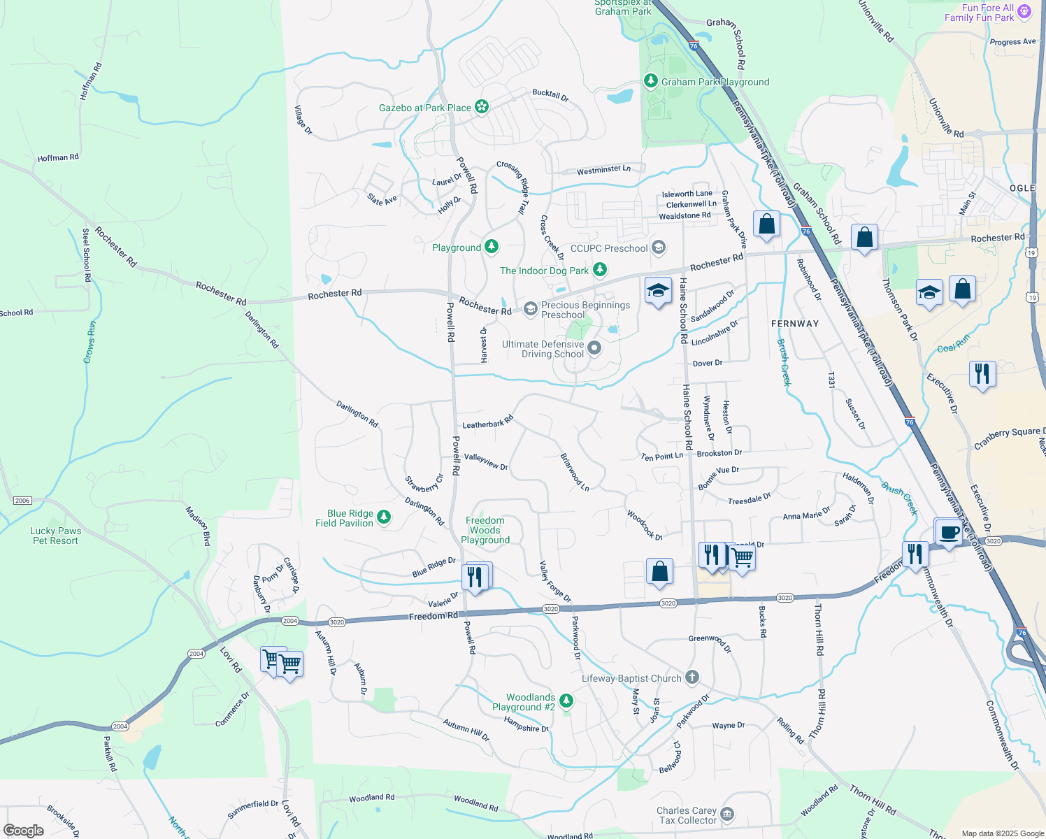 map of restaurants, bars, coffee shops, grocery stores, and more near 103 Briarwood Lane in Cranberry Township