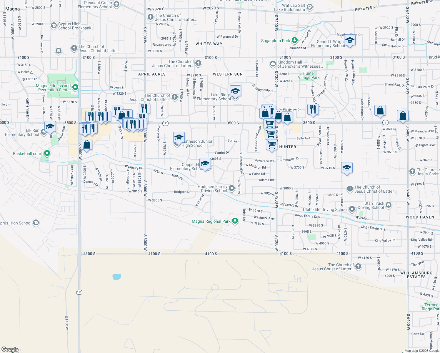 map of restaurants, bars, coffee shops, grocery stores, and more near 3764 West 7525 South in Magna