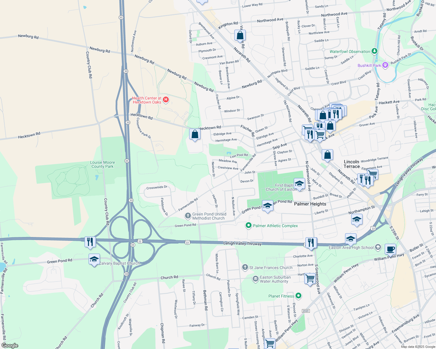 map of restaurants, bars, coffee shops, grocery stores, and more near 4051 Summit Ave in Easton