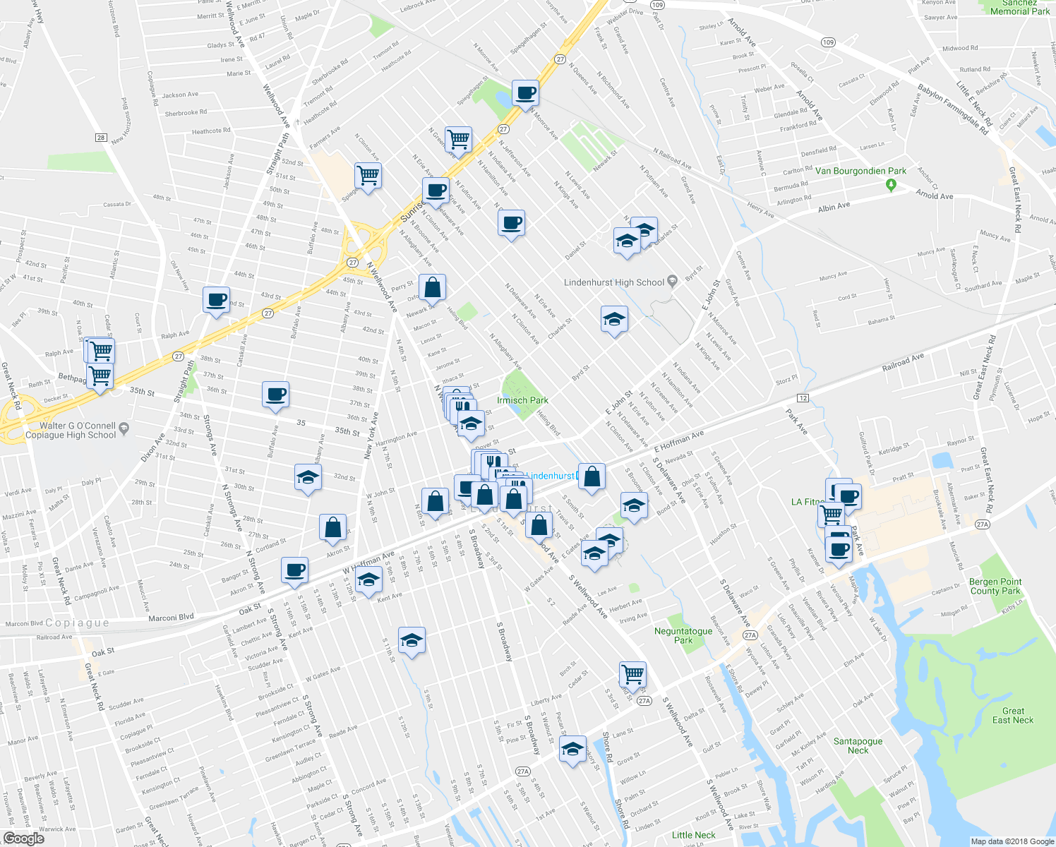 map of restaurants, bars, coffee shops, grocery stores, and more near 89 Irmisch Avenue in Lindenhurst