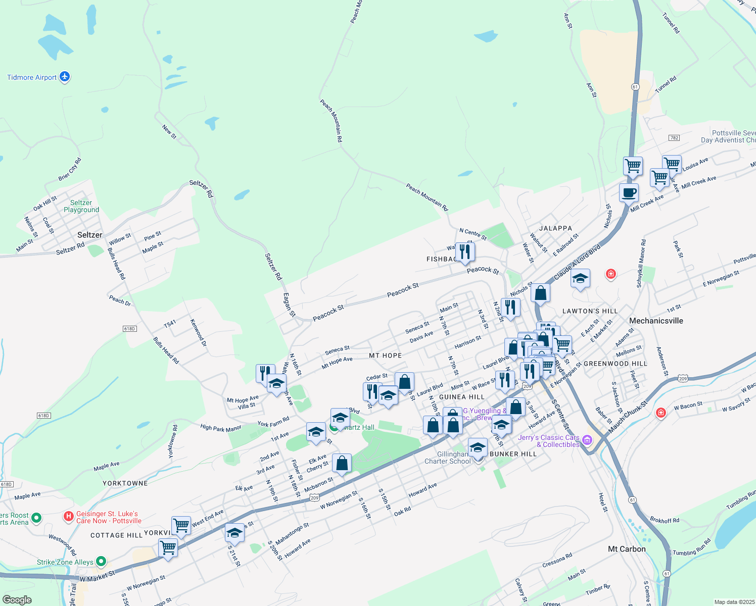 map of restaurants, bars, coffee shops, grocery stores, and more near 441 Peacock Street in Pottsville