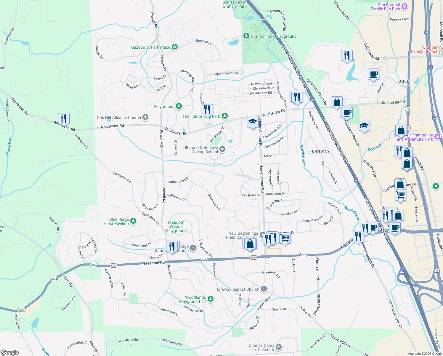 map of restaurants, bars, coffee shops, grocery stores, and more near 211 Briarwood Lane in Cranberry Township