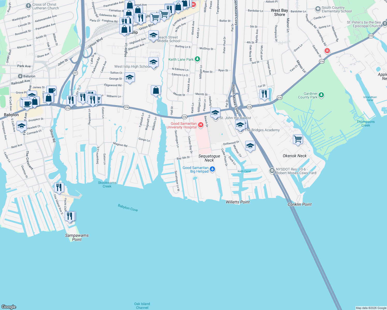 map of restaurants, bars, coffee shops, grocery stores, and more near 411 Center Bay Drive in West Islip