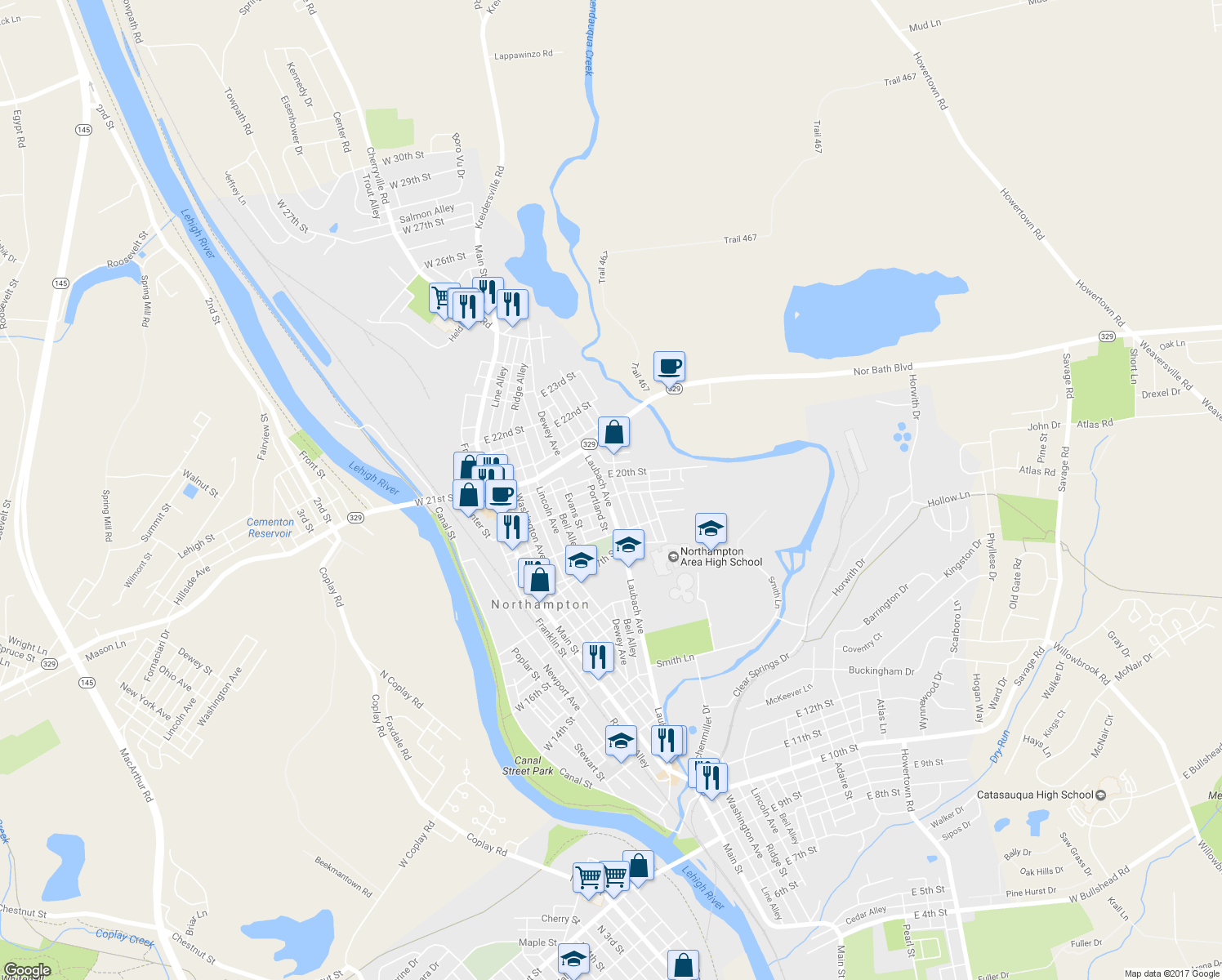 map of restaurants, bars, coffee shops, grocery stores, and more near 1919 Laubach Ave in Northampton