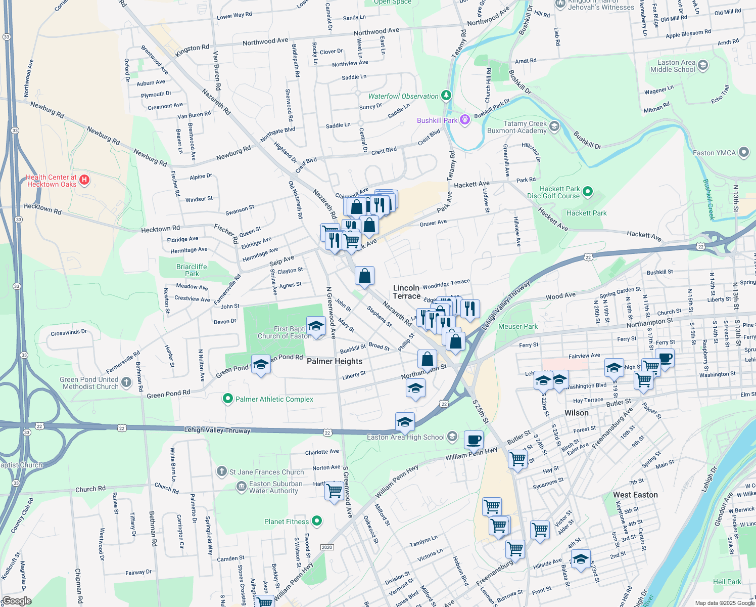 map of restaurants, bars, coffee shops, grocery stores, and more near 2734 Nazareth Road in Easton