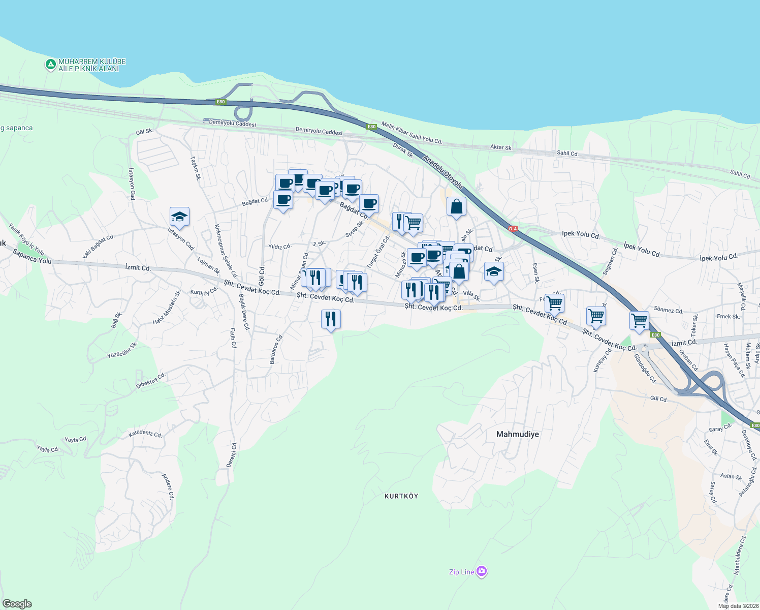 map of restaurants, bars, coffee shops, grocery stores, and more near 123 Şehit Cevdet Koç Caddesi in Sapanca