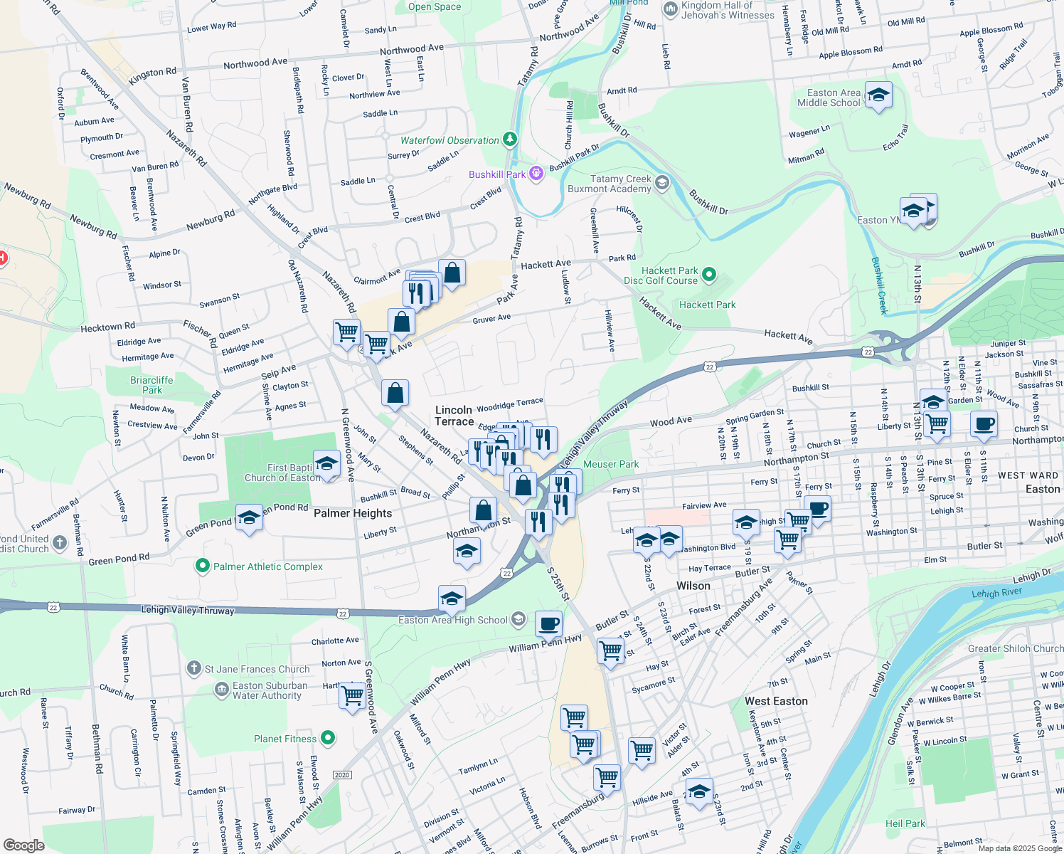map of restaurants, bars, coffee shops, grocery stores, and more near 2350 Edgemore Avenue in Easton