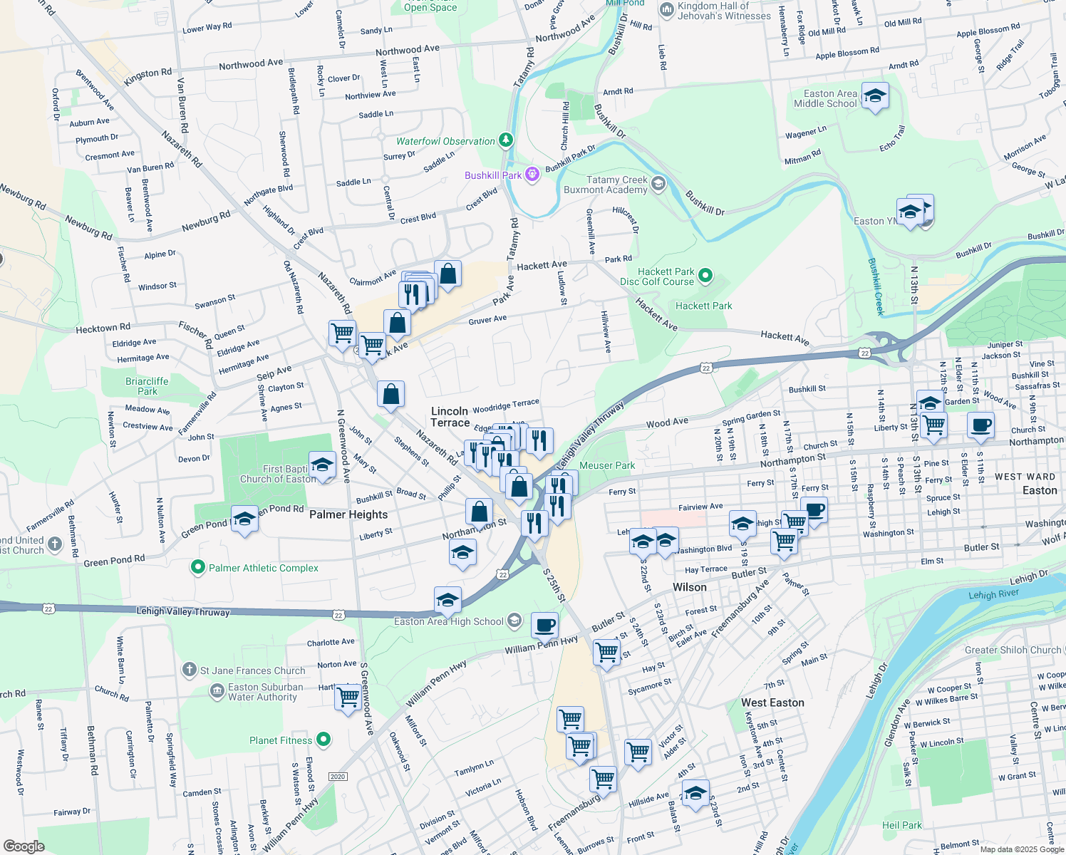 map of restaurants, bars, coffee shops, grocery stores, and more near 2348 Edgemore Avenue in Easton