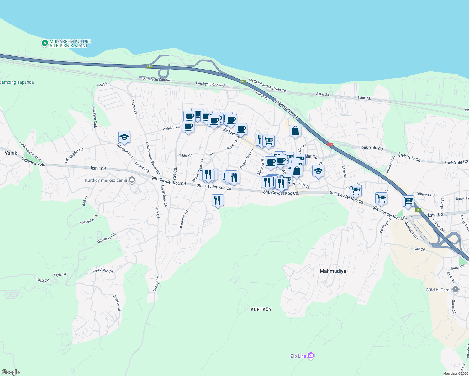 map of restaurants, bars, coffee shops, grocery stores, and more near 54 Şehit Cevdet Koç Caddesi in Sapanca