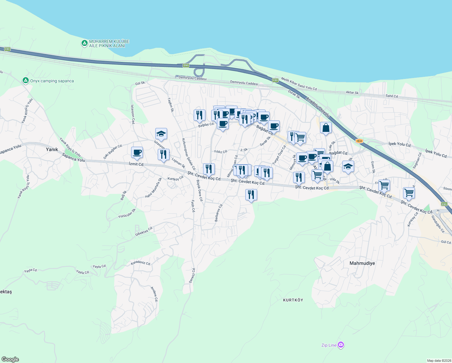map of restaurants, bars, coffee shops, grocery stores, and more near 123 Şehit Cevdet Koç Caddesi in Sapanca