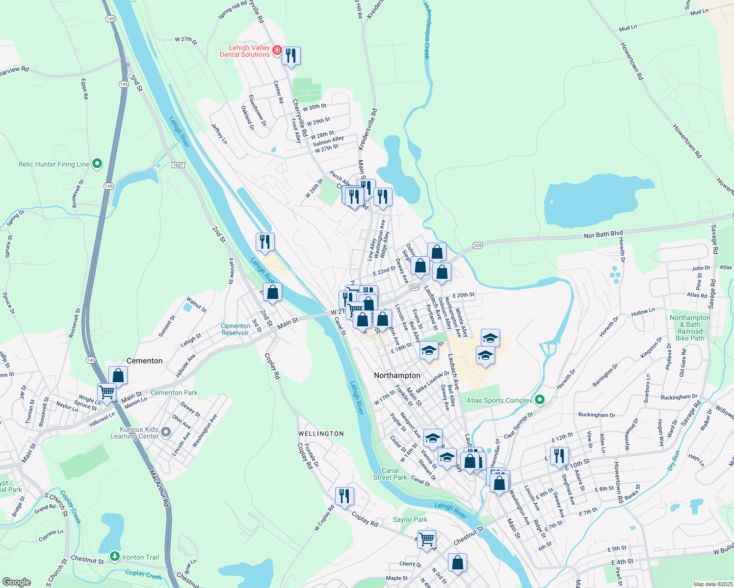 map of restaurants, bars, coffee shops, grocery stores, and more near 2143 Main Street in Northampton