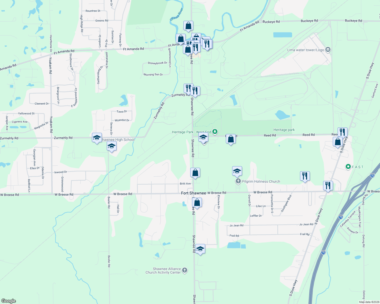 map of restaurants, bars, coffee shops, grocery stores, and more near 3340 Shawnee Road in Cridersville